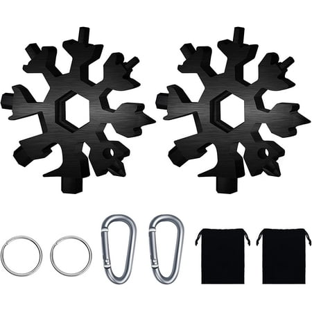 Snowflake Multitool 2 Pcs 18-in-1 Stainless Steel Snowflake Standard Multi-Tool Snowflake Wrench with Key Ring Carabiner Clip and Storage Bag (Black)