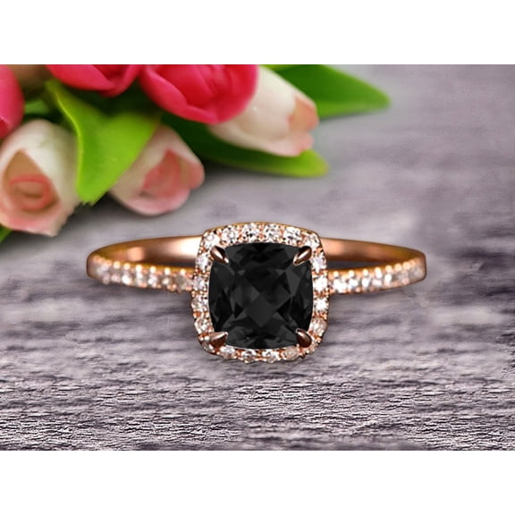 Cushion Cut 10k Rose Gold 2.05 Carat Black Diamond Moissanite Engagement Ring