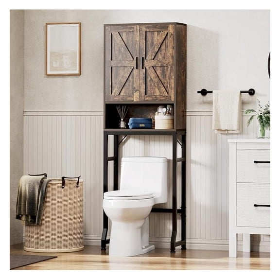 Over The Toilet Storage Cabinet, Bathroom Organizers and Storage with Barn Doors, Thicken Metal Stand & MDF Wood Above Toilet Storage Cabinet, Freestanding Space Saver, Brown