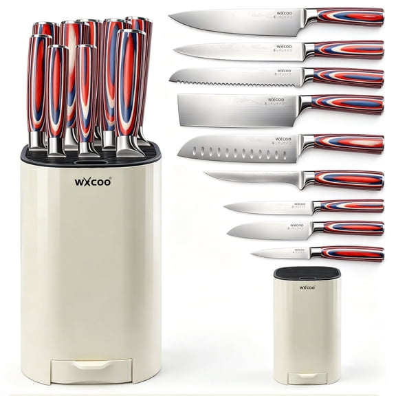 WXCOO 9-Piece Kitchen Knife Set with Block for Chef, 5Cr15MoV Stainless Steel Sharp Knives with Colorful Wood Handle