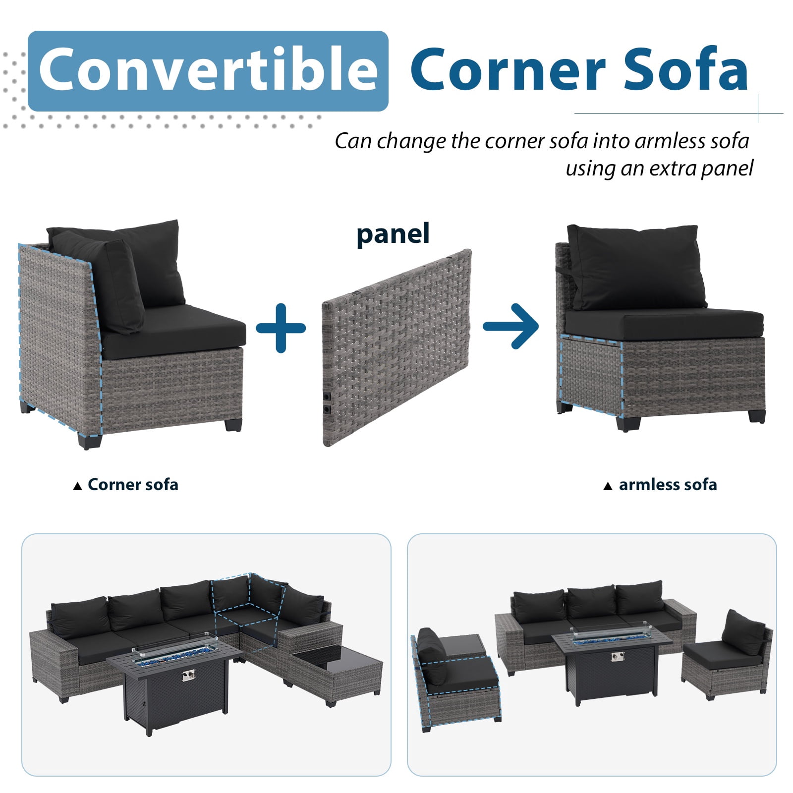 JOIVI 7 Pieces Wicker Patio Furniture Set 5-Seat Outdoor Conversation Set with 45-Inch Fire Pit Table, 8'' Wide Armrest Modular Rattan Outdoor Sectional Sofa Set, Black