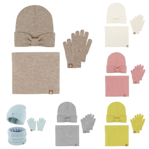 HNMKIU Autumn Winter Kids Hat Scarf 3-Piece Set Cozy Bow Design Baby Toddler Toddlers Warm Knit Accessories Boys Girls Outdoor Playwear Khaki - One Size