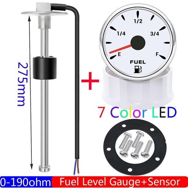 0-190 Ohm Fuel Float Sensor + Fuel Level Gauge 7 Color Light Marine Rv Boat Car 2" 52mm Fuel Tank Level Gauge 12v24v