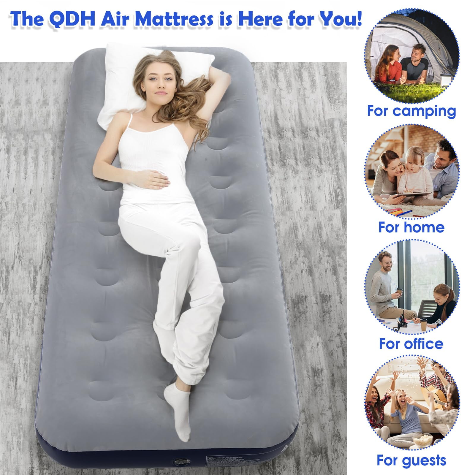 QDH Camping Air Mattress Inflatable Air Bed Flocked Surface Travel Bed Sleeping Pad Air Bed for Outdoor Camping Tent Guest Travelling