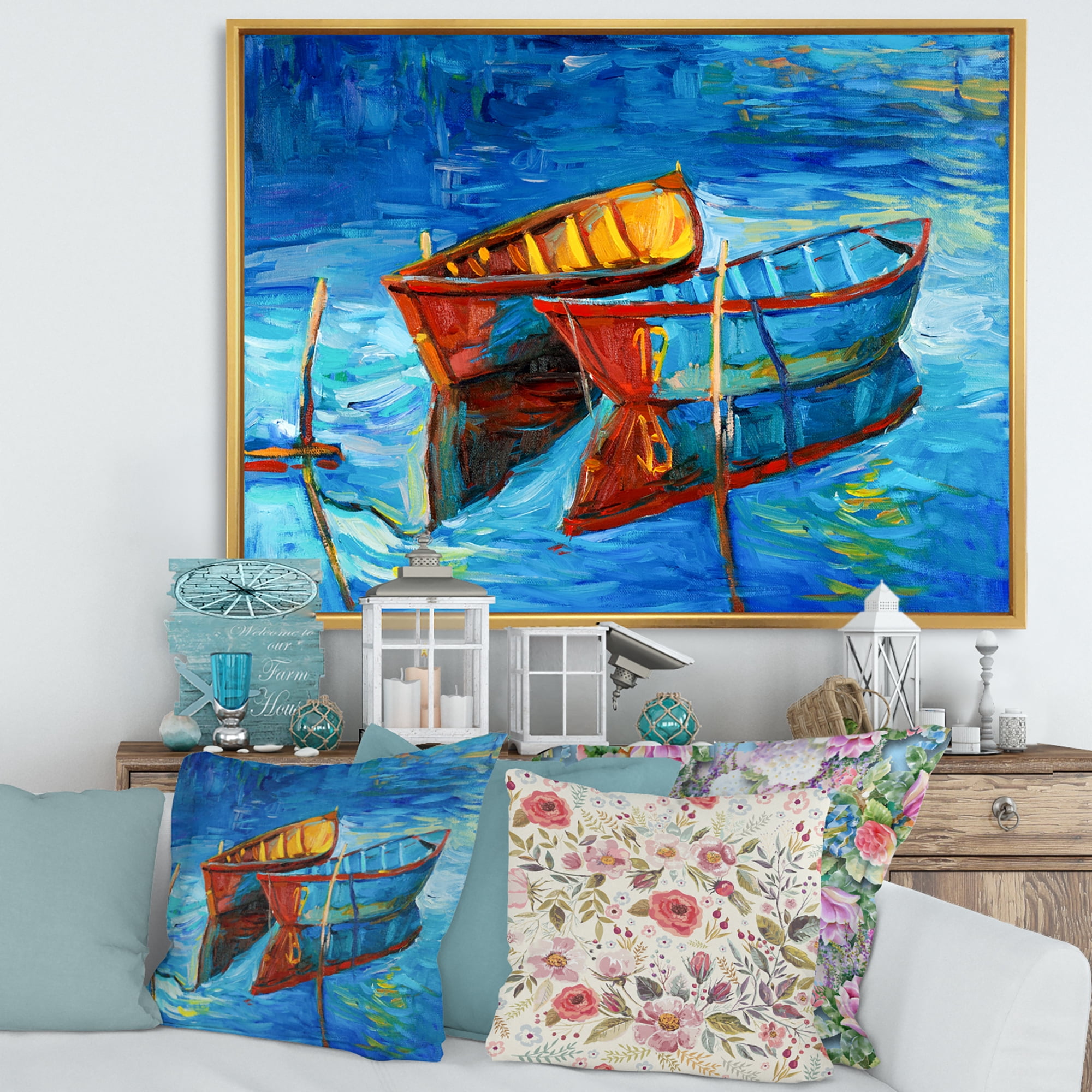 Designart 'Boat At The Lake During Evening Glow III' Nautical & Coastal Framed Canvas Wall Art Print
