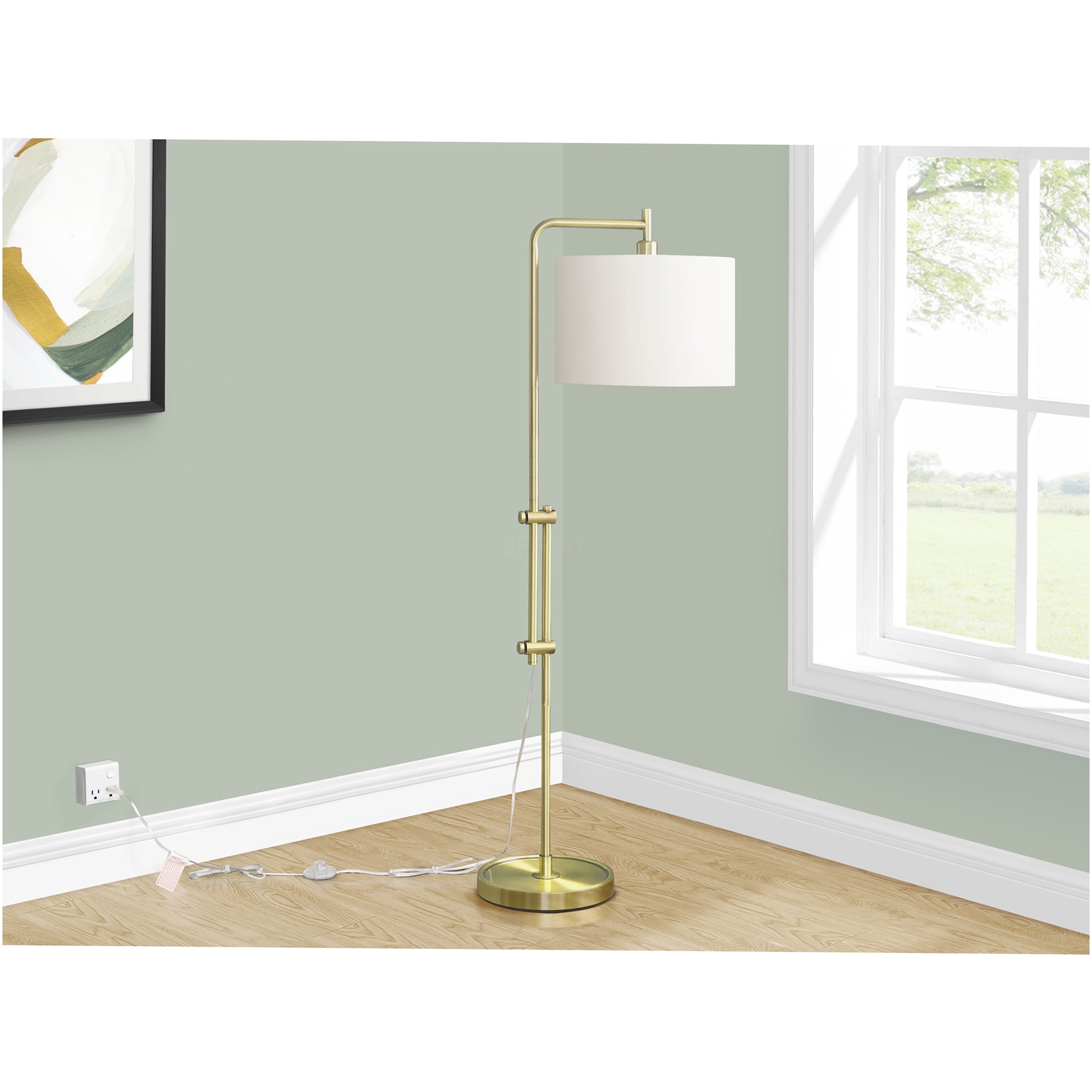 JERFIT Modern Arc Floor Lamp with Drum Shade, Gold Metal Standing Light for Living Room, Reading Nook, Bedroom or Office