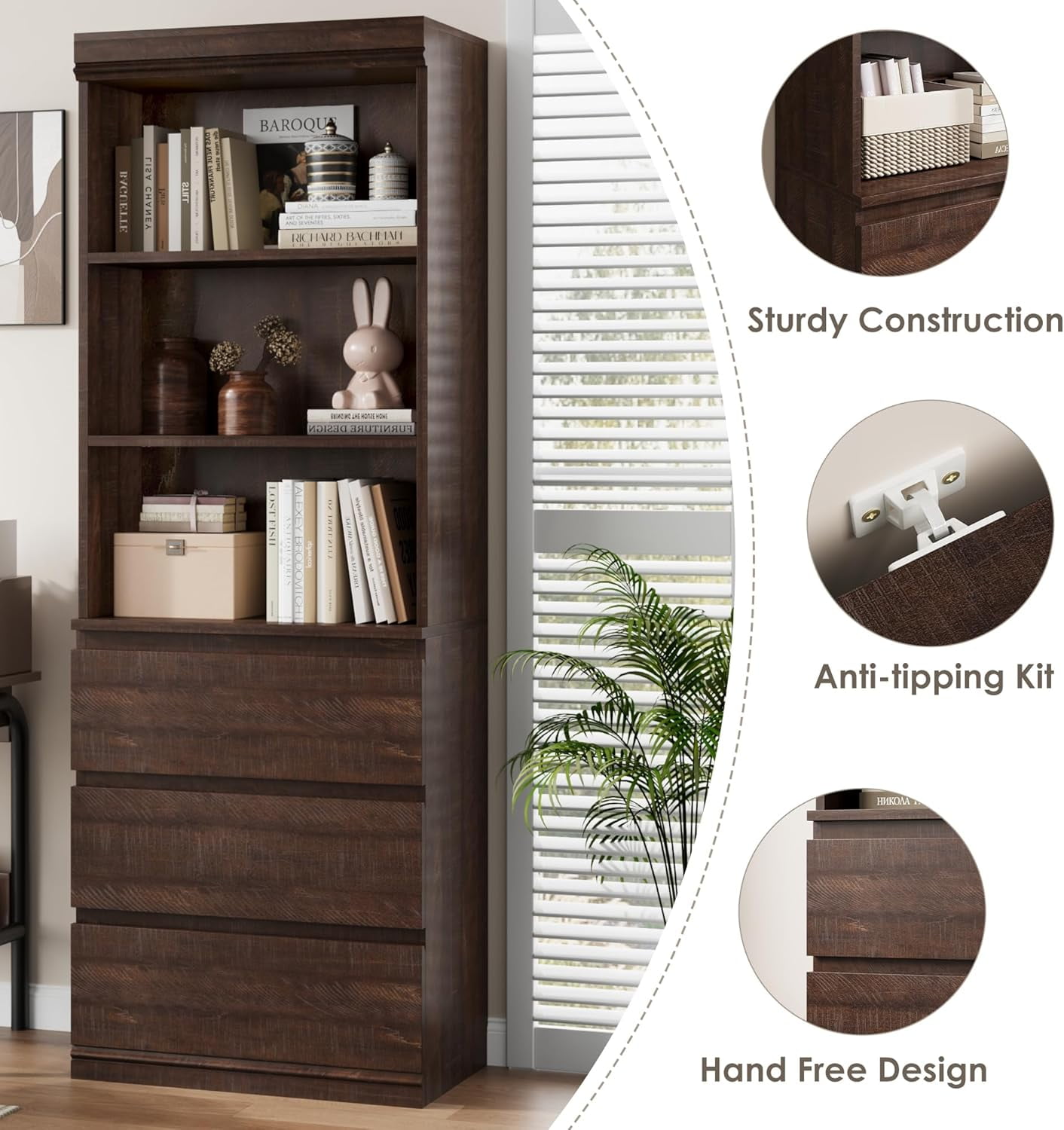 70" Modern Bookcase with Drawers: Deep Storage Organizer w/ 3 Shelves & 3 Cabinets for Home Office Library, Brown