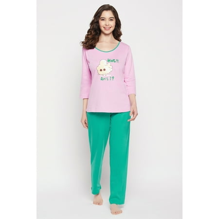 

Graphic & Text Print Top in Lilac & Chic Basic Pyjama in Seafoam Green - 100% Cotton