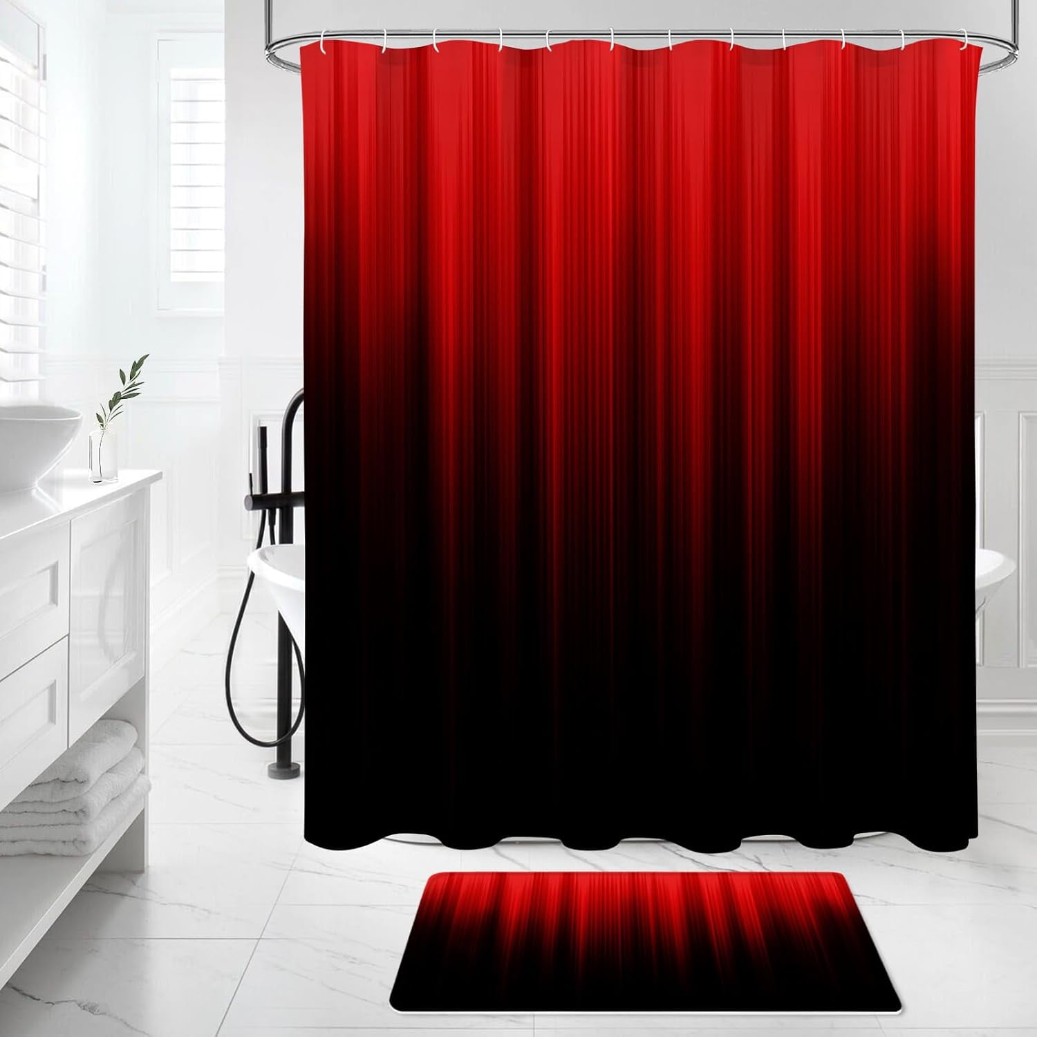 4 Pcs Red and Black Gradient Shower Curtain Set with Rugs and Toilet Lid Cover, Modern Simple Waterproof Fabric Bathroom Set, Ombre Stripe Gothic Abstract Bathroom Decor Set Accessories
