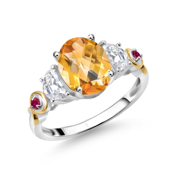 Gem Stone King 925 Silver and 10K Yellow Gold 3-Stone Ring Oval Checkerboard Yellow Citrine and Moissanite (2.15 Cttw, Size 9)