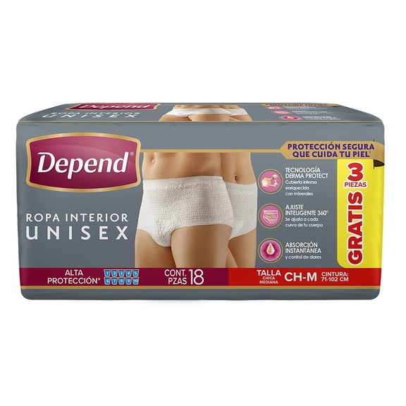 Ropa Interior para Incontinencia&nbsp;Depend Unisex Mediano con tecnología Derma Protect con 18 pzas