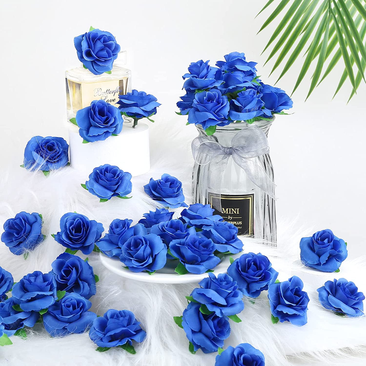 Naler 50 Pcs Royal Blue Stemless Fake Silk Roses,1.6" Artificial Flowers Bulk for Wedding Bouquets Party Birthday Decors