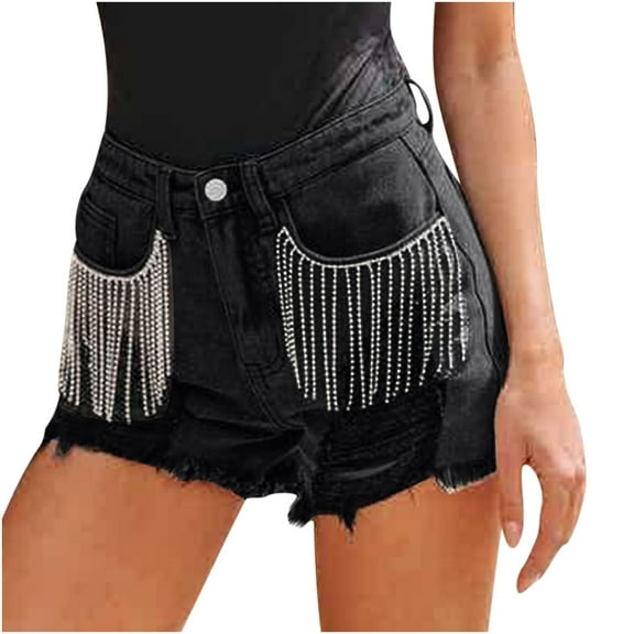 Jyeity Women Shorts Clearance Under $5.00,Summer Chain Tassels Perforated Denim Black Shorts for Women Denim Size L(US:8)