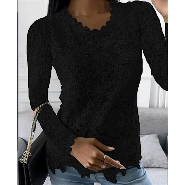 Blusa informal de manga larga con cuello en V para mujer, camisa de calle de Color liso con retazos de encaje, Sexy, a la moda, novedad de otoño, 2024