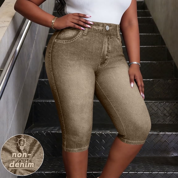 Women's Casual Pants Capris High Waist Tummy Capris Leggings for Women Slim Fitting Imitation Denim Printed Cropped Leggings Pants Daily Wear Khaki XL