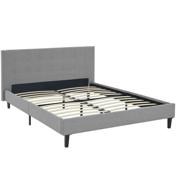 Modern Contemporary Urban Design Bedroom Queen Size Platform Bed Frame, Grey Gray, Fabric Wood