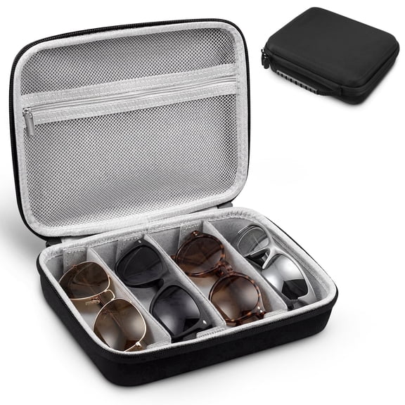 Travel Sunglasses Organizer for 4 Pairs, Hard Shell EVA Portable Glasses Case with Adjustable Slots, Black