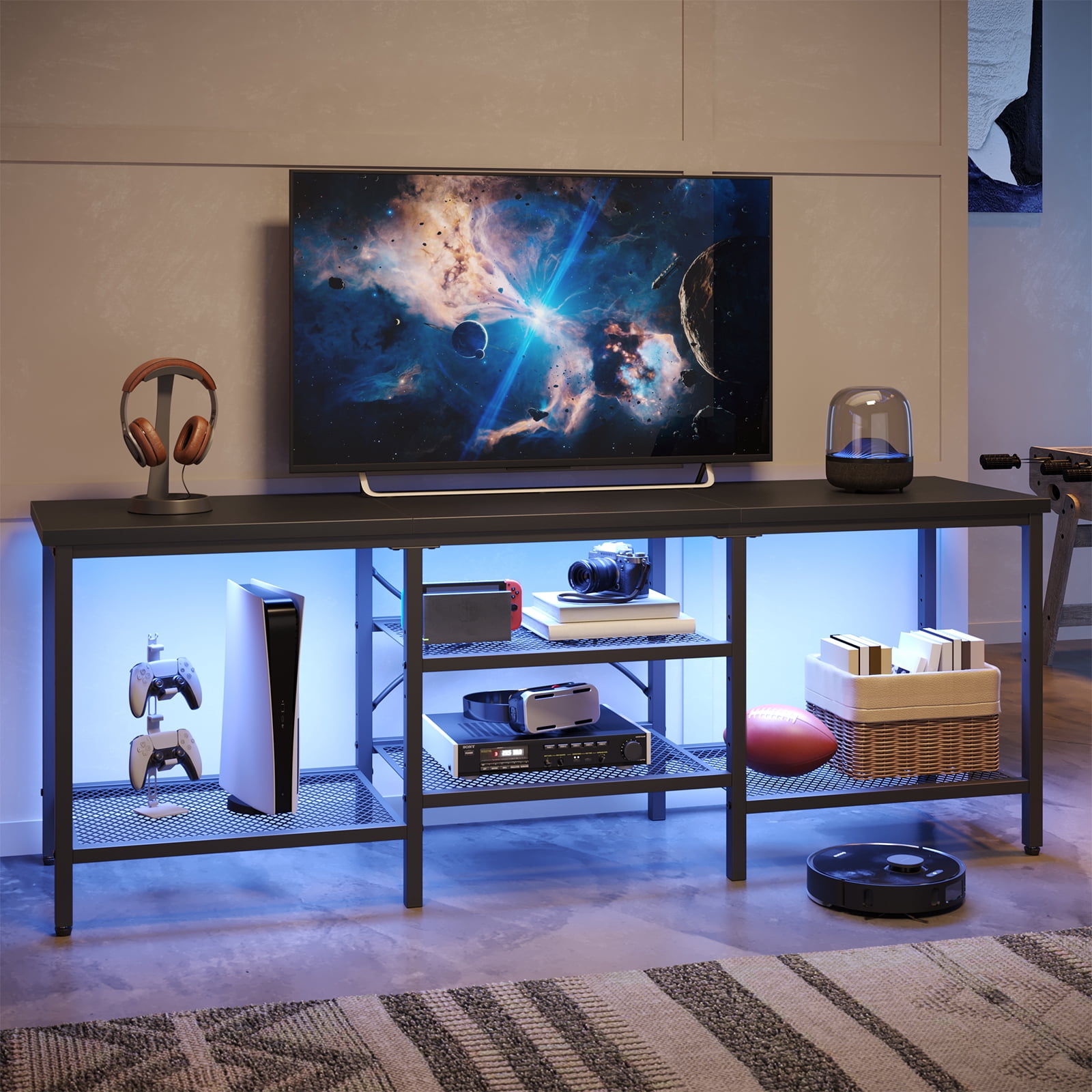 Pinmoco 63" TV Stand for TVs up to 70 Inch, LED Light Entertainment Center with Open Storage Shelves, TV Media Console Table for Living Room, Bedroom, Black