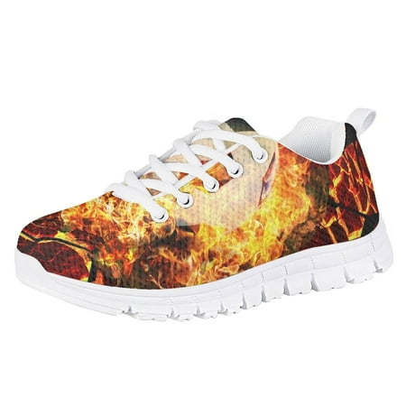 Pzuqiu Fire Print Walking Shoes Girls Size 5 Lightweight Casual Running Shoes Kids Breathable Tennis Shoes Lace Up Sneakers
