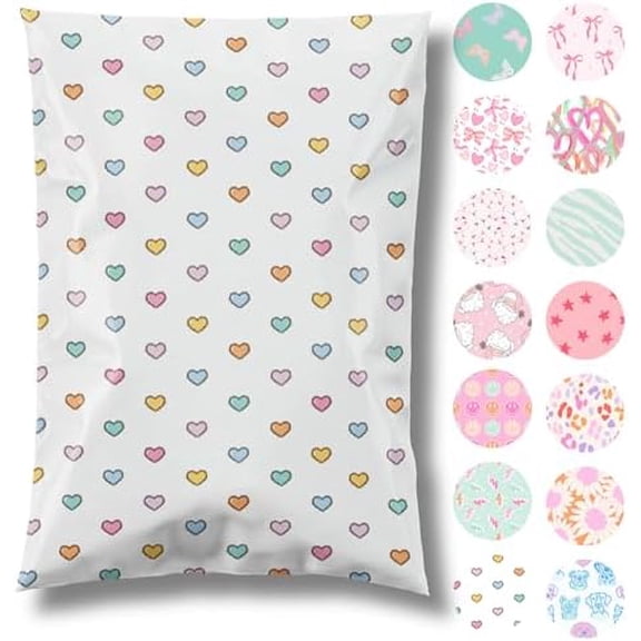 10x13 Designer Poly Mailer 100 Pack Heavy Duty Waterproof Self Seal Shipping Bags for Small Business Large Mailing Envelopes Bulk Tear Resistant Packaging Preppy Hearts