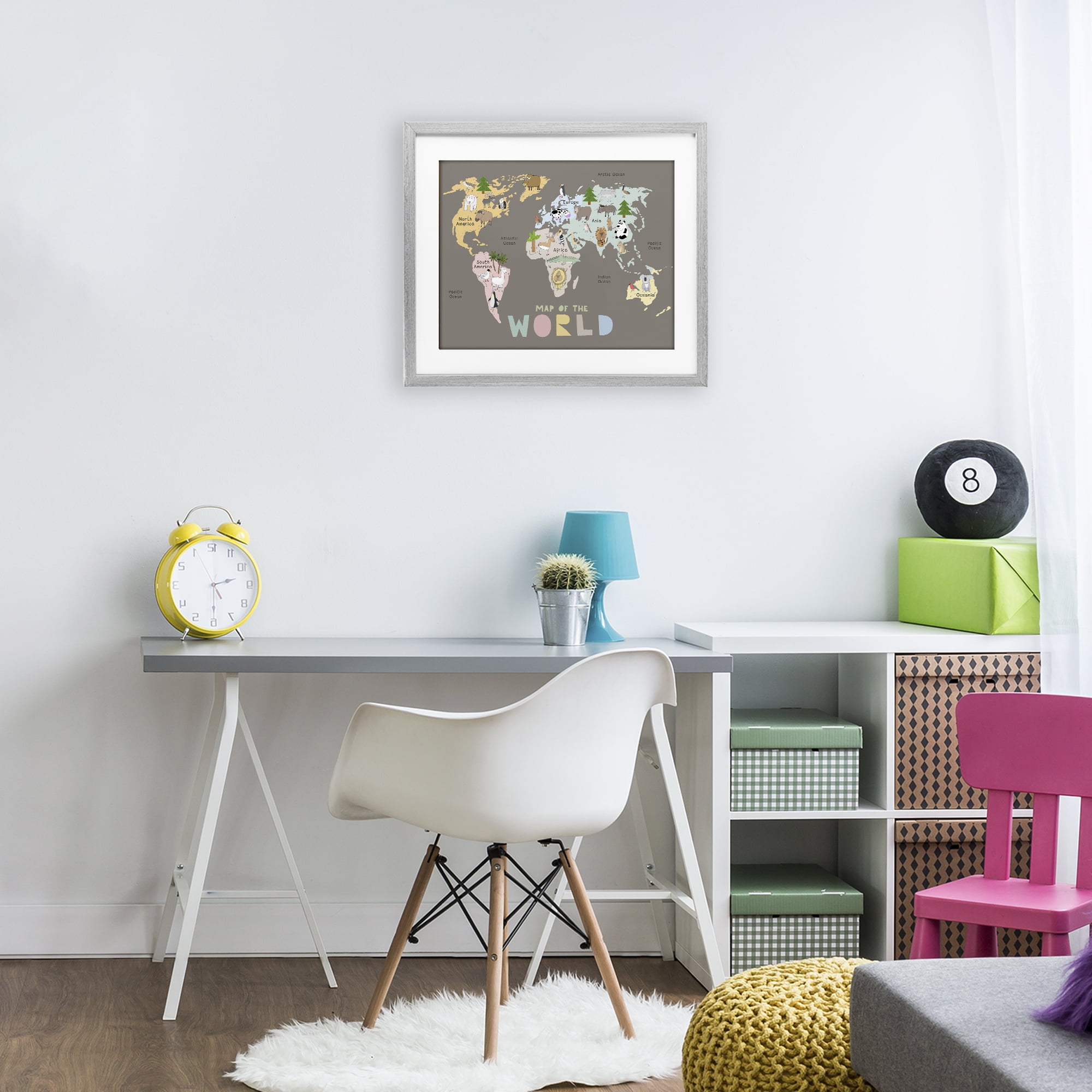 Kid's Map Of World Brown Gray Framed Print Under Glass, design by Carla Daly