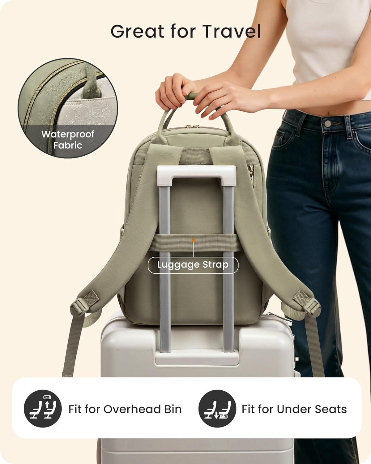 LOVEVOOK Laptop Backpack for Women with Giant Tumbler Holder Pocket, 15.6 inch Travel Work Backpack Purse for Teacher Nurse, Waterproof College Book Bag Cute Casual Daypack, Beige-Black-Brown