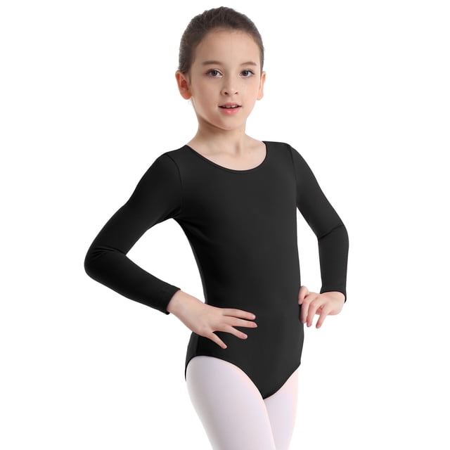 Girls Basic Team Uniform Short/Long Sleeve Gymnastics Workout Ballet Dance Leotard Solid Color Bodysuit Activewear Black 8