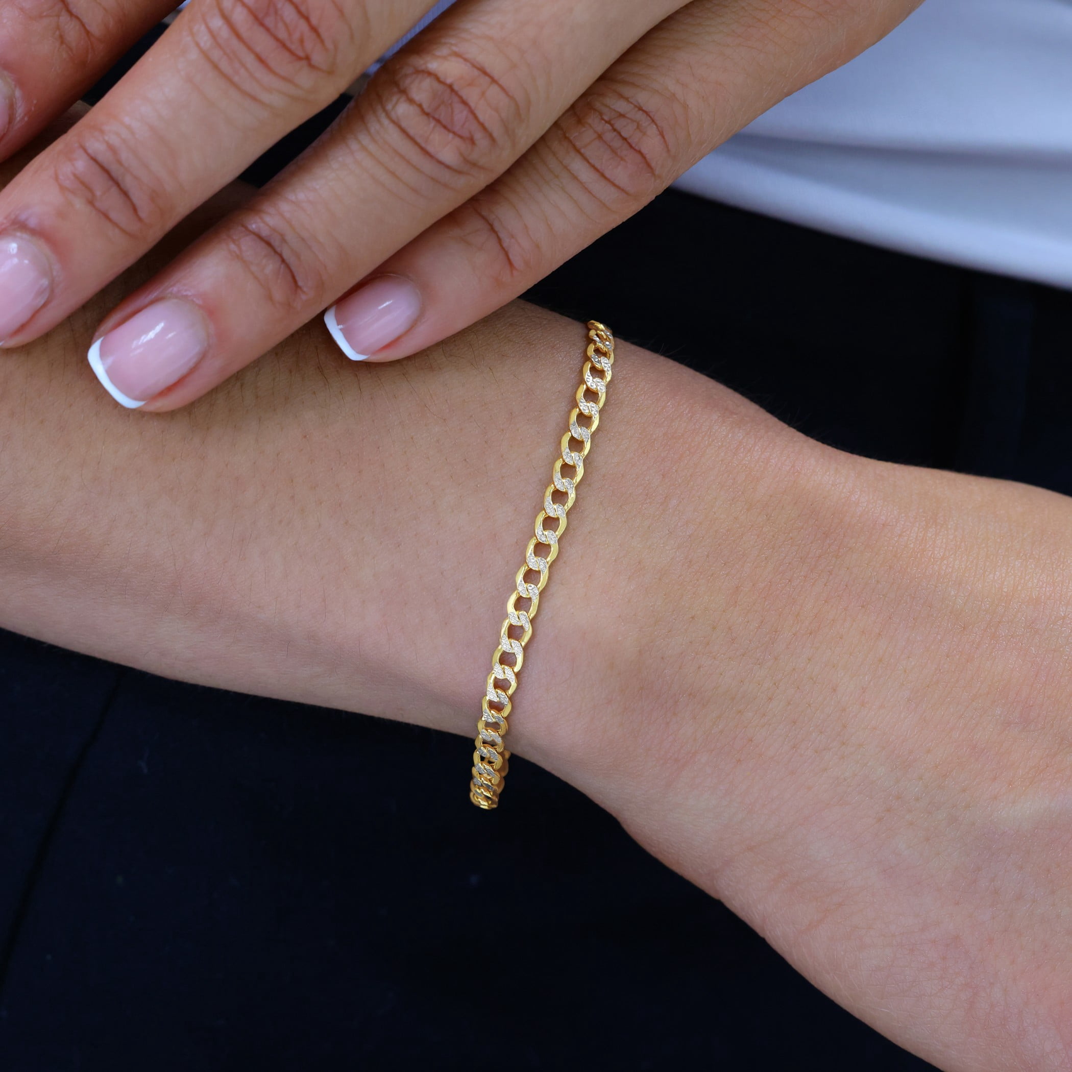 Nuragold 10k Real Yellow Gold Cuban Curb Link 3.5mm Diamond Cut Pave Chain Bracelet or Anklet (7"-9") Two Tone Italian Jewelry for Men & Women