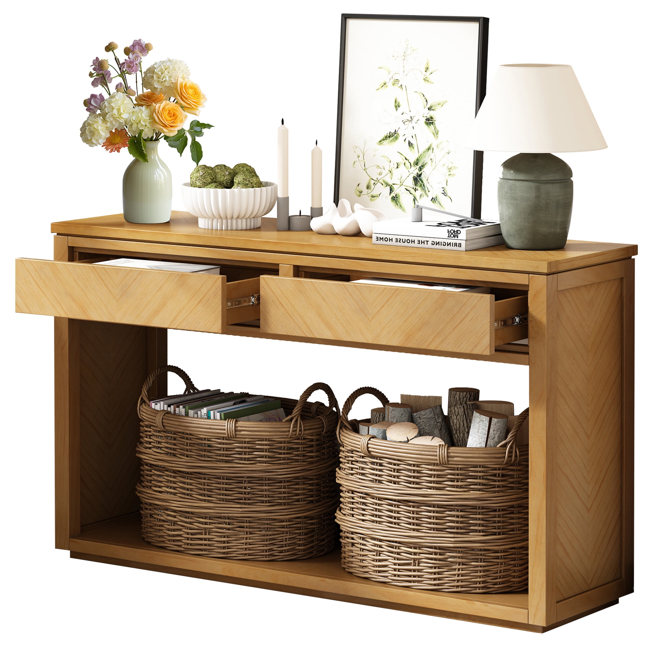 Aukfa 55" Console Table, Rustic Entryway Sofa Table with Storage Drawers and Open Shelf for Hallway and Living Room, Oak