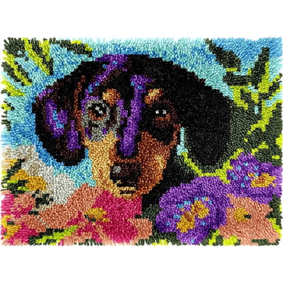 Flowers Dachshund Easy DIY Latch Hook Rug Kits DIY Tapestry Crochet Hooking Mat Making Kits With Printed Pattern Canvas Needlework Kits 52x38cm （n-165)