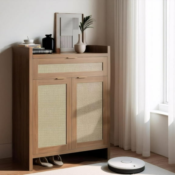 Farmhouse Rattan Shoe Cabinet with Storage,32.4’’ Boho Style Shoe Organizer Storage Cabinet with Shelves & Doors, 5-Tiers Wooden Shoe Rack Cabinet for Entryway/Living Room/Closet/Hallway