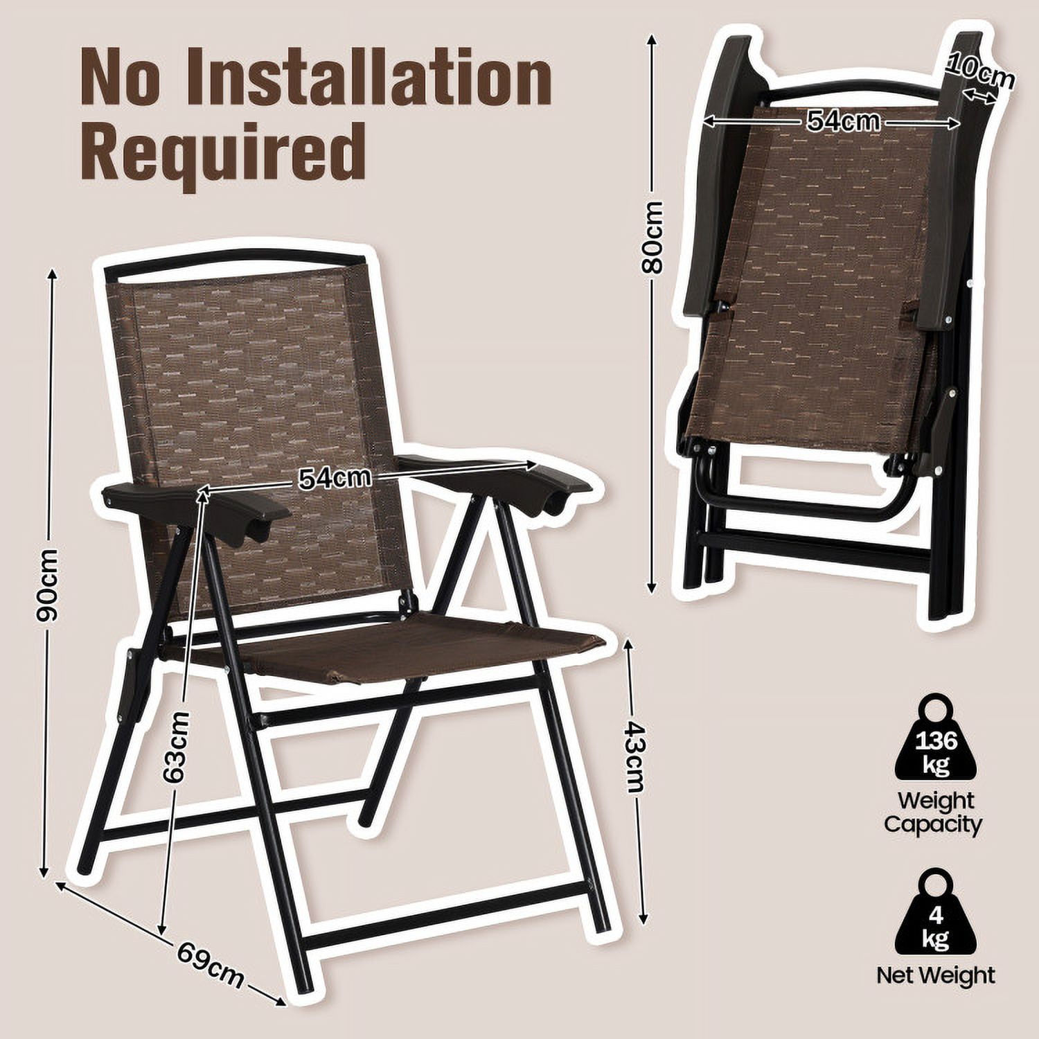 Aimee Lii 4 Pieces Folding Dining Chairs with Steel Armrests and Sling Back, Outdoor Patio Set Aimee Lii 4 Pieces Folding Dining Chairs with Steel Armrests and Sling Back, Outdoor Patio Set