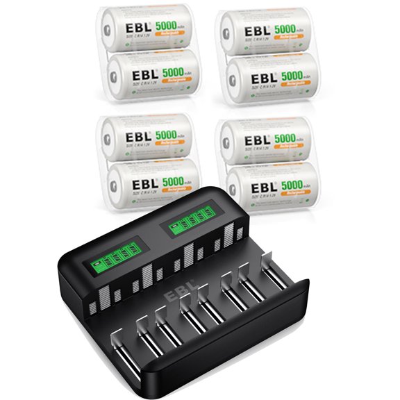 EBL 8-Pack C Rechargeable Batteries 5000mAh with 8 Bay Battery Charger for Ni-MH AA AAA C D Batteries