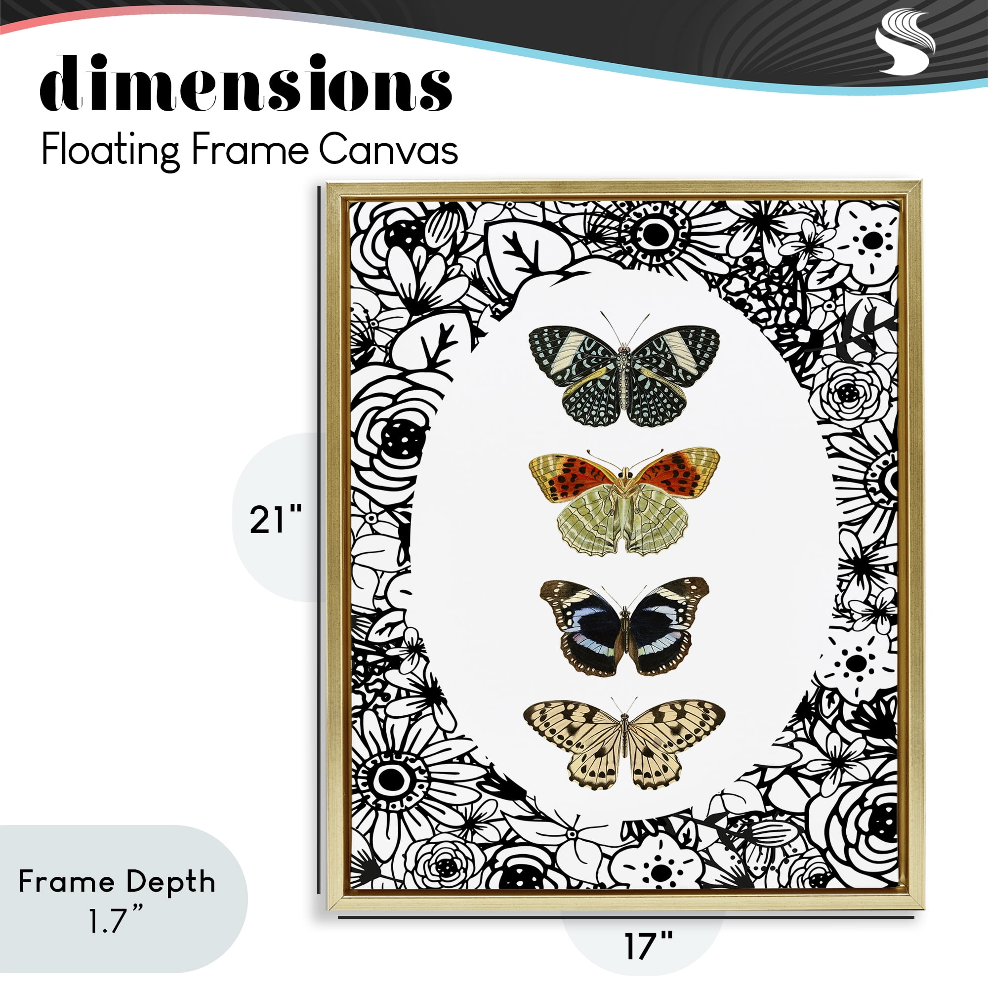 Stupell Industries Floral Butterfly Lineup Gold Framed Floater Canvas Wall Art, design by Dan Meneely