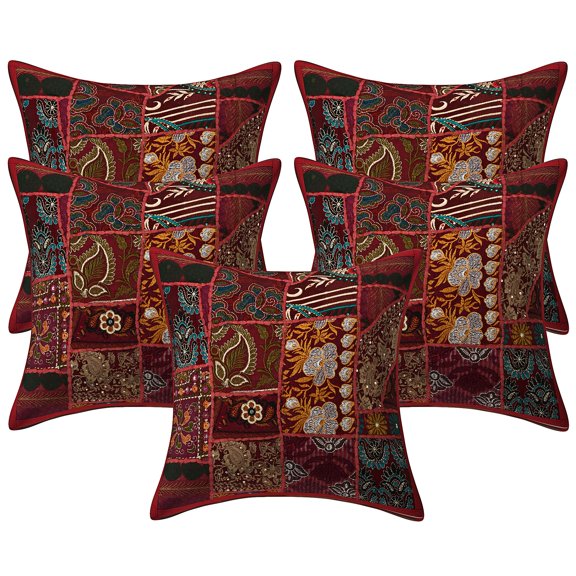 Stylo Culture Indian Couch Throw Pillow Covers 16 x 16 Vintage Patchwork Maroon Bohemian 40 x 40 cm Home Decor Cotton Floral Square Cushion Covers | Set Of 5