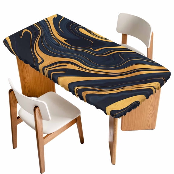 Abstract Marble Table Cloths for 3 Foot Rectangle Tables, Black Golden Modern Ombre Fluids Art Patio Waterproof Elastic Fitted Tablecloths, Washable Rectangular Table Cover for Camping