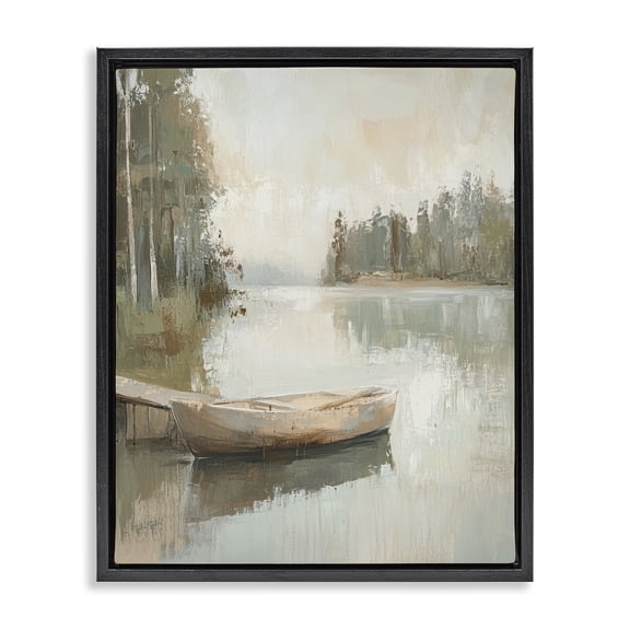 Stupell Industries Coastal Canoe at Quiet Dock Black Floating Frame Canvas Art, 17 x 21, by Petals Prints Design
