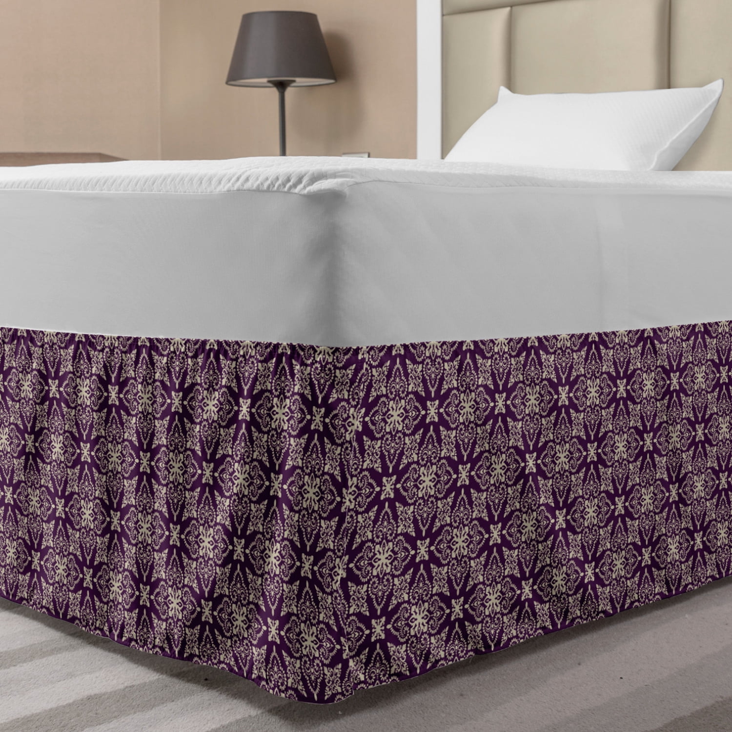 Damask Bed Skirt, Oriental Floral Curly Swirly Traditional Bohemian
