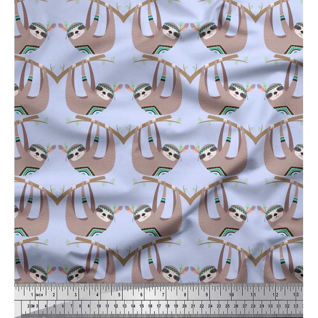 Soimoi Polyester Crepe Fabric Feather,Branch & Sloth Cartoon Print Fabric by The Yard 52 Inch Wide