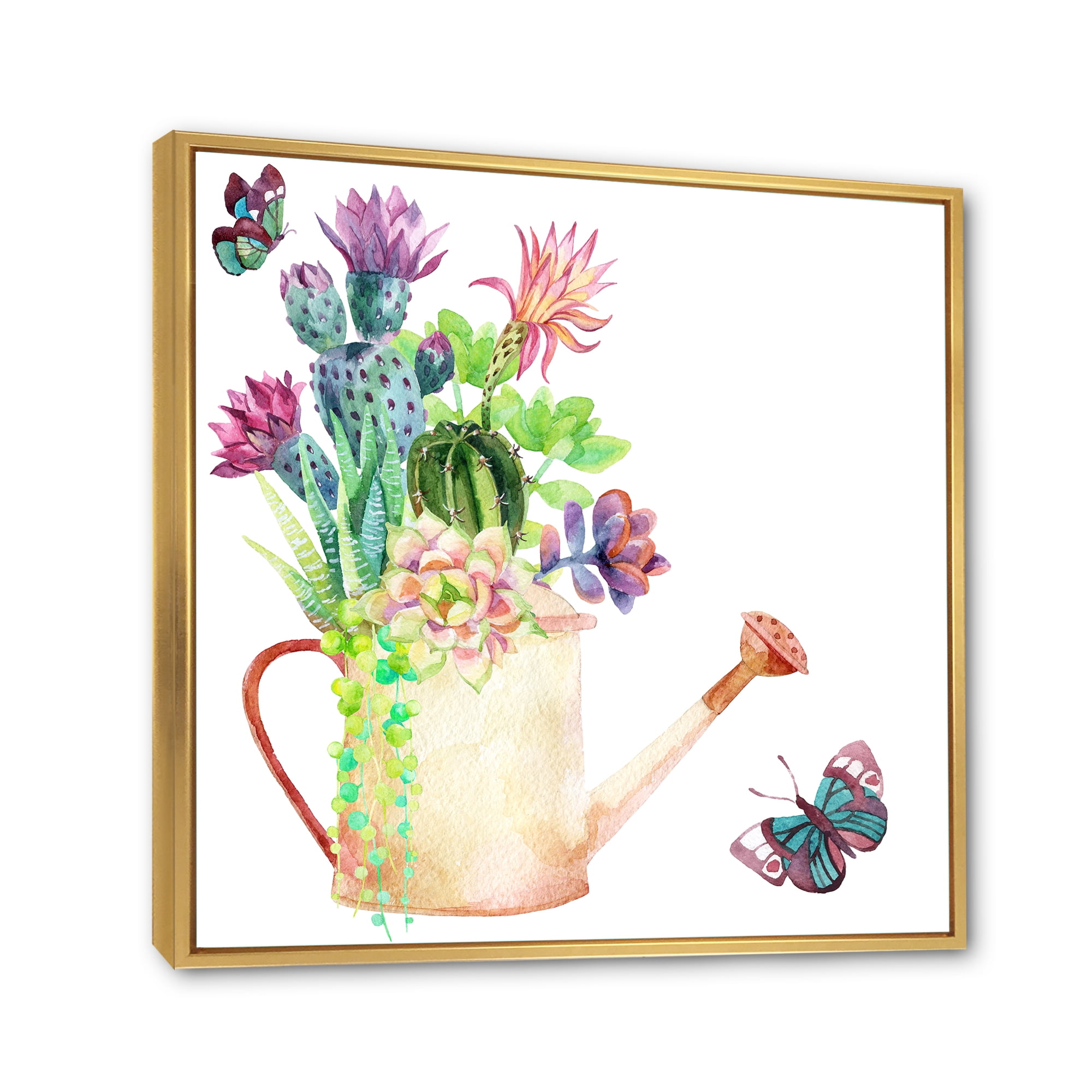 Designart 'Succulents In Old Watering Can With Butterfly' Farmhouse Framed Canvas Wall Art Print