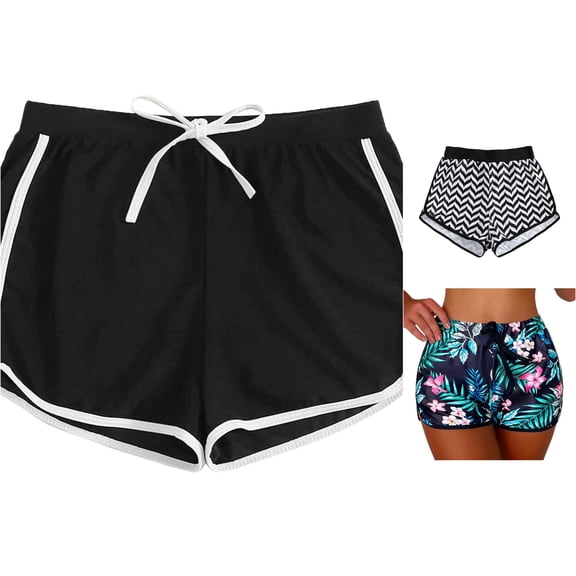 VNKIDY Womens Elastic Drawstring Waist Curved Hem Solid Color Casual Swim Shorts Summer Beach Regular Fit Quick Dry Swim Bath Bottoms For Ladies Black XXL