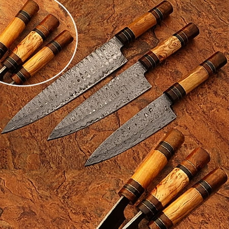 Custom Made Damascus Chef Knife Set of 3 Knife Olive