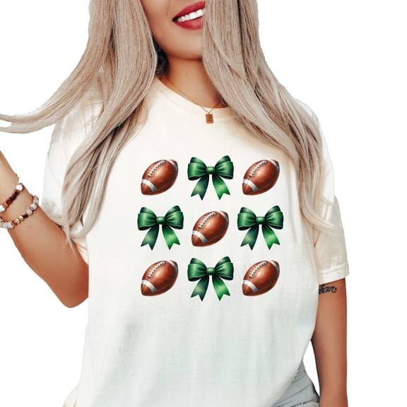 Footballs and Green Coquette Bows Shirt for Women and Teens Green Team Color Tee Ivory Shirt Adult Small