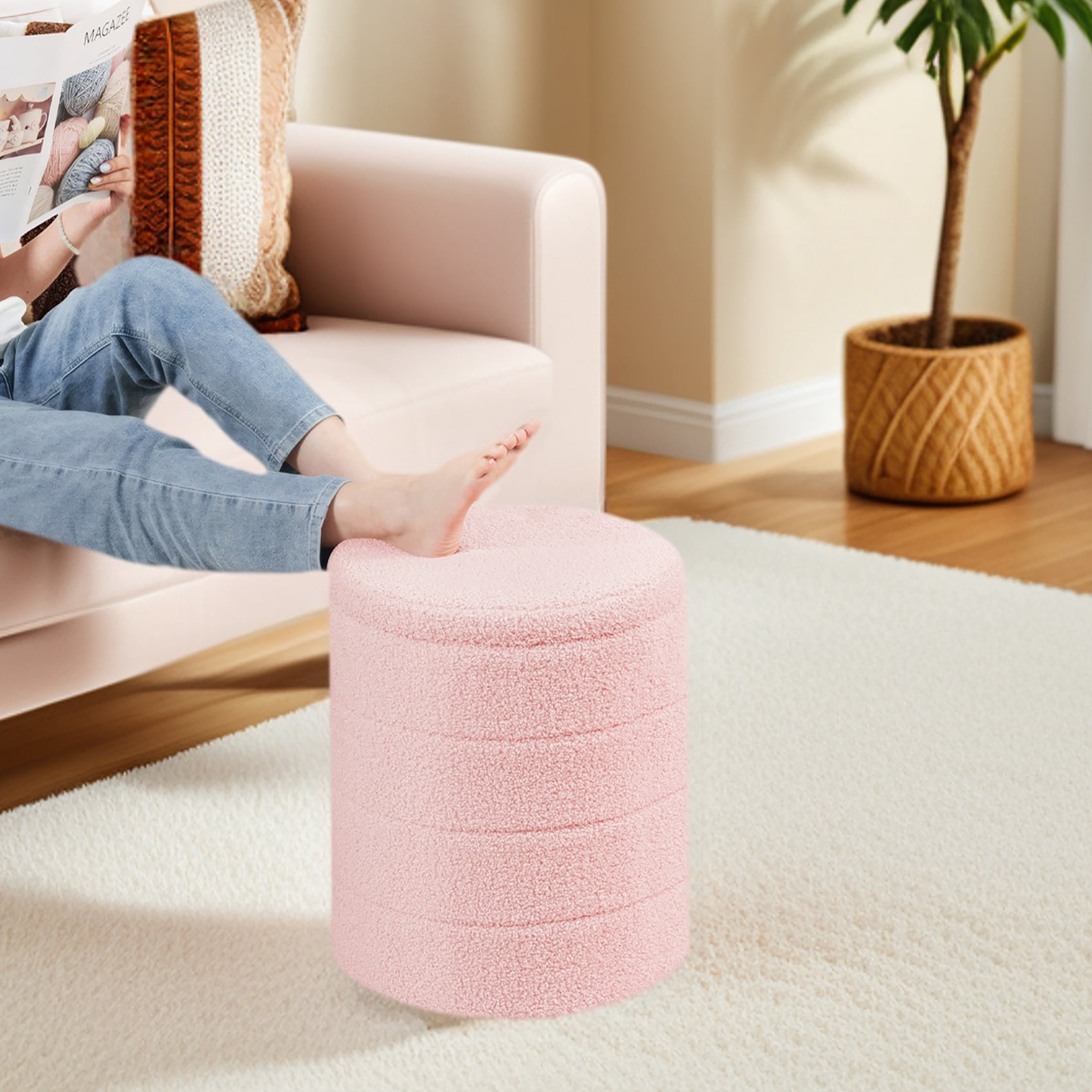 B FSOBEIIALEO 14.6inch Collapsible Storage Ottoman Round with Tray Teddy Fabric Living Room Bedroom Ottoman with Storage(Pink)