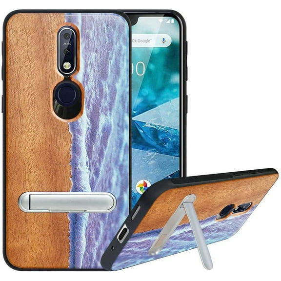Labanema Nokia 7.1 2018 Case, Nokia 7.1 2018 Cover with Metal Kickstand, Natural Wood TPU Cover, Anti Scratch Case for Nokia 7.1 2018 (Waves)