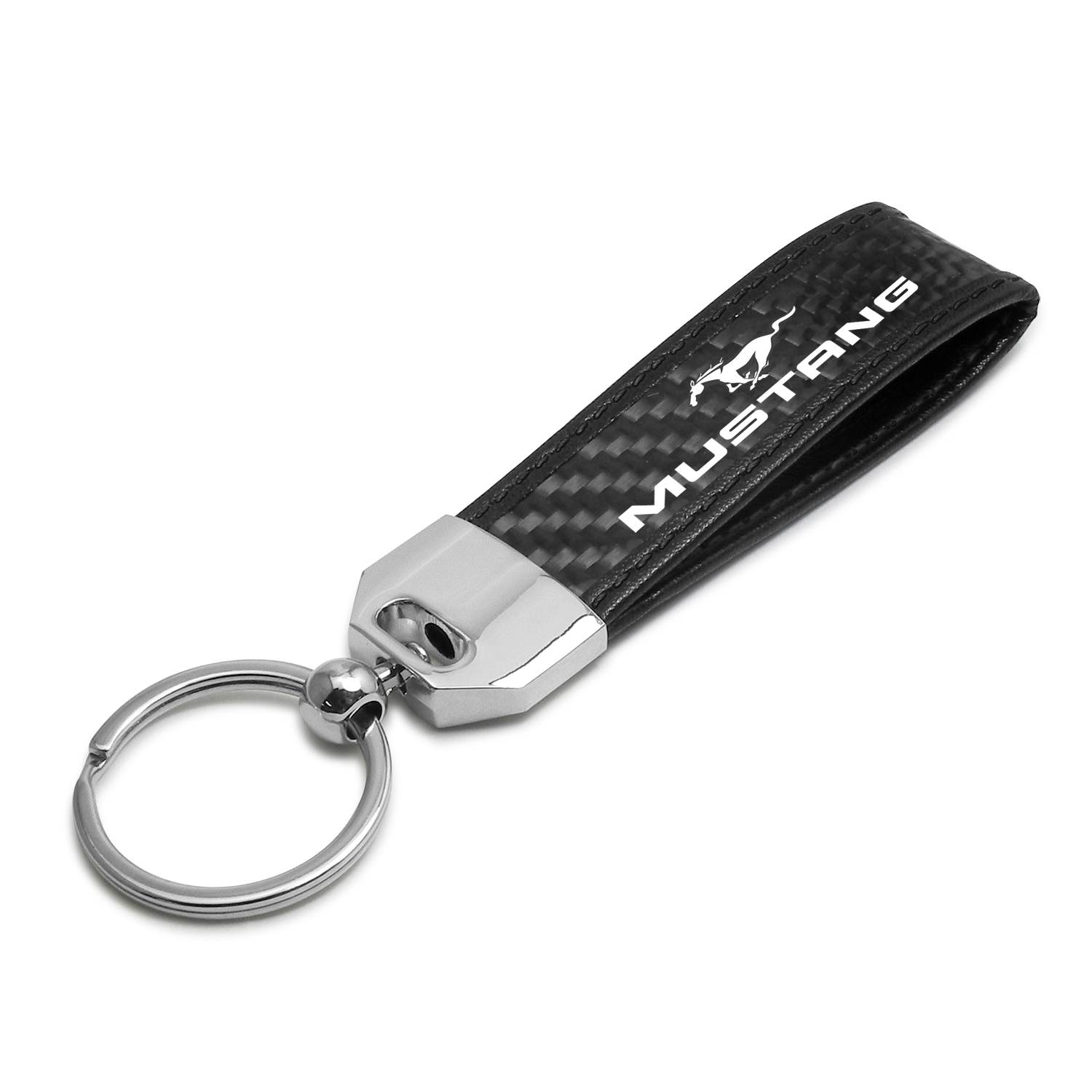 iPick Image for Ford Mustang Real Carbon Fiber Leather Strap Key Chain with Black stitching, Official Licensed