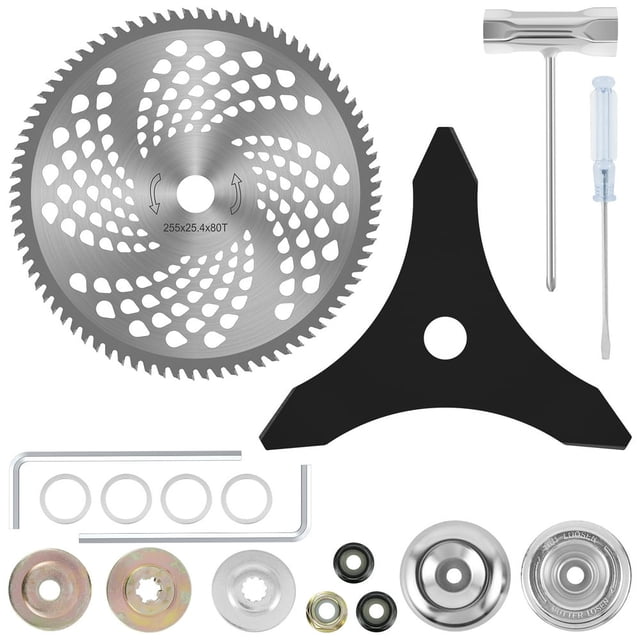 2Pcs Brush Cutter Blade Set 10inch x 80T Circular Carbide Tip Brush Cutter Blades 10inch x 3 Teeth Carbon Steel Brush Cutter Blades Sharp Cutter Blades with Adapter Kit for Weed Trimmer
