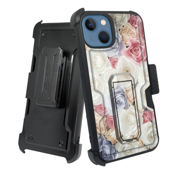 ANJ  Rugged Shockproof Holster Case w/Card Slot, Kickstand   Tempered Glass for iPhone 13 (6.1") - Silky Roses