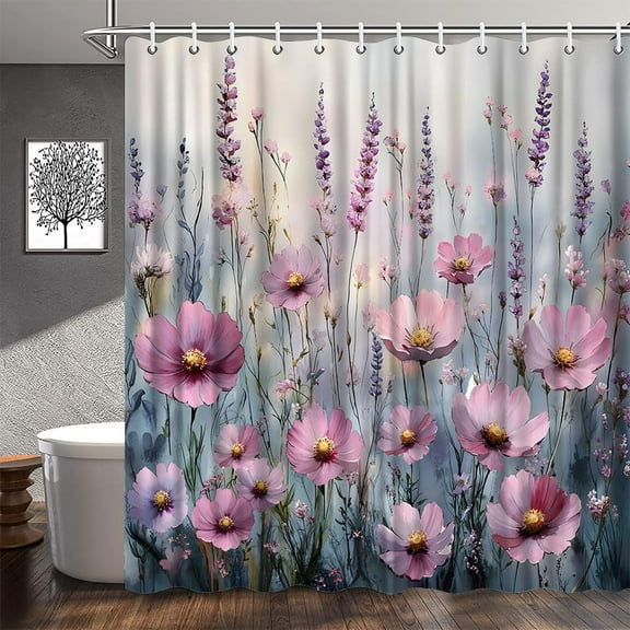 Boho Floral Shower Curtain, Colorful Pink Romantic Watercolor Flower Fabric Shower Curtains Set, Plants Nature Scenery Bathroom Accessories Set with Hooks-36"W x 72"L (Pack of 1)