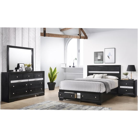 JERFIT Queen 4-Piece Bedroom Set with Storage, Black Wood Bed Frame, Dresser, Mirror & Nightstand, Traditional Style Bedroom Furniture